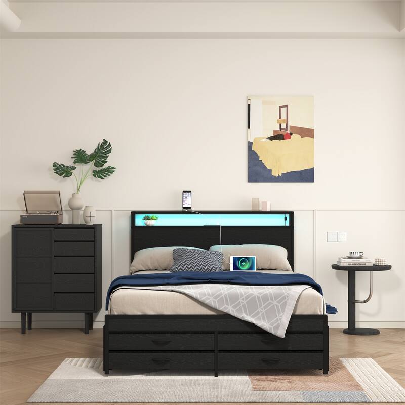 Queen Size Bed Frame with 8 Storage Drawers & LED Headboard with Charging Station - Black