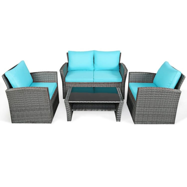 4 Pieces Patio Rattan Furniture Set Sofa Table with Storage Shelf Cushion - 48.5" x 26.5" x 30" (L x W x H)