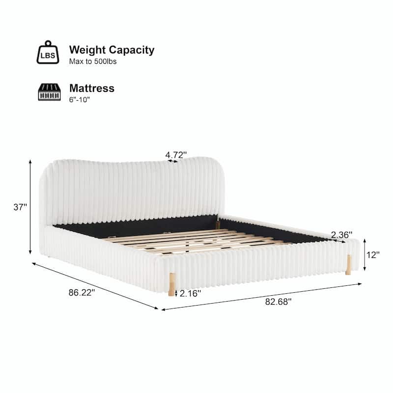Sleek White Bouclé Upholstered Bed with Wavy Headboard & Vertical Stitching