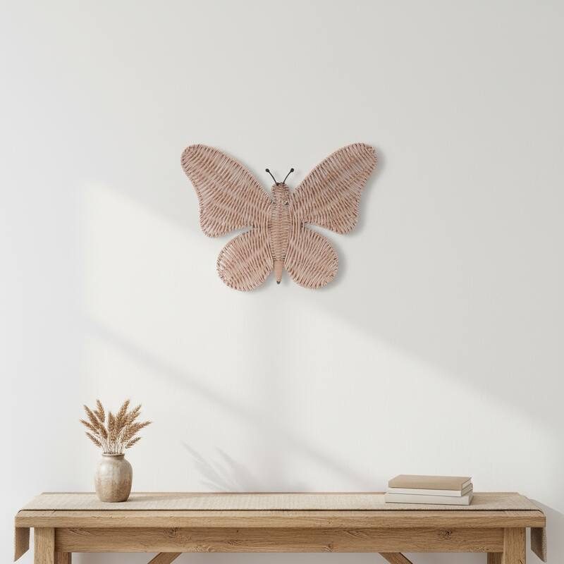 HomeRoots 14" X 18" Natural Butterfly Rattan Hanging Dimensional Sculpture - Natural - 18.00 in. x 14.00 in. x 0.25 in.