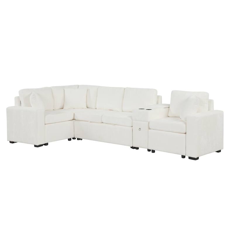 L-Shaped Modular Sectional Sofa with Pull-Out Bed, Chenille Convertible Sleeper Sofa Bed with Cup Holders & Multiple Storage