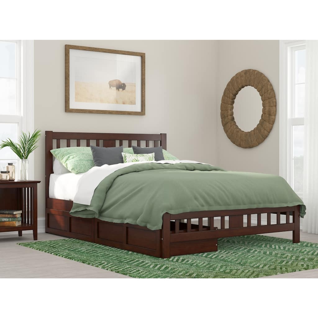 Contemporary Bed with Footboard & Drawers - Walnut Finish, Modern Cool Design, Bedroom Furniture