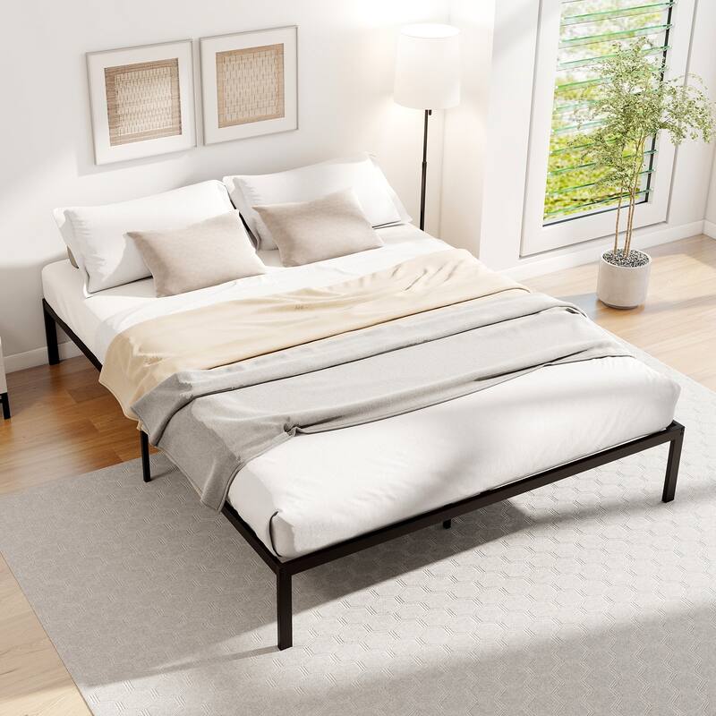 Gymax Queen Size Metal Bed Frame Heavy Duty Support Slats Mattress - Black - Queen
