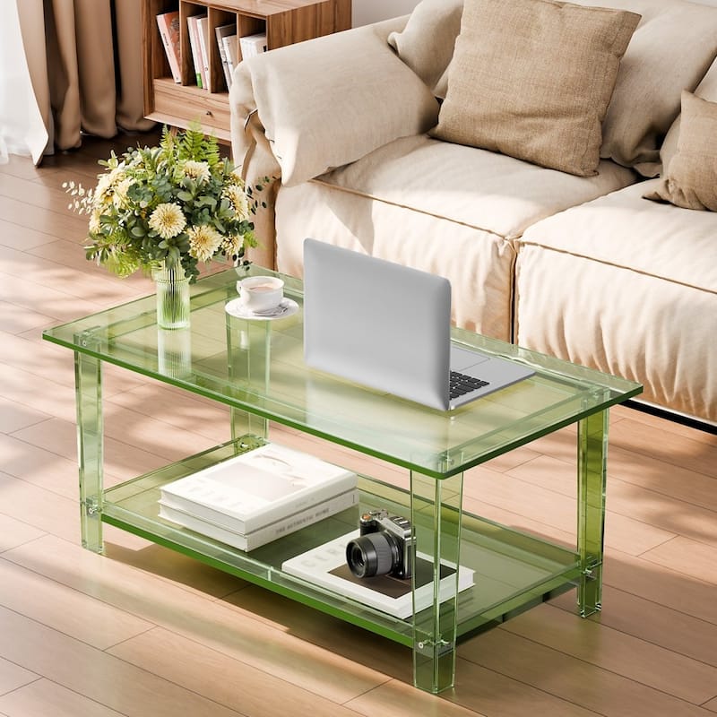 Transparent Green Acrylic 2-Tier Coffee Table with Sturdy Shelves and Modern Design - 19.7 x 31.5 x 15.7 in