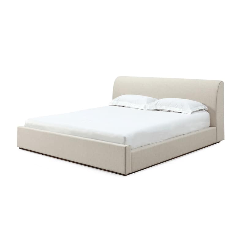 Reza Full Size Platform Bed, Sleigh Headboard, Low Profile, Beige Linen