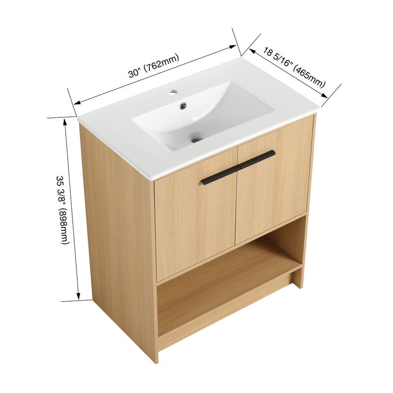 30" Bathroom Vanity with Ceramic Sink, 2 Soft Closing Doors, Freestanding Bathroom Cabinet Vanity