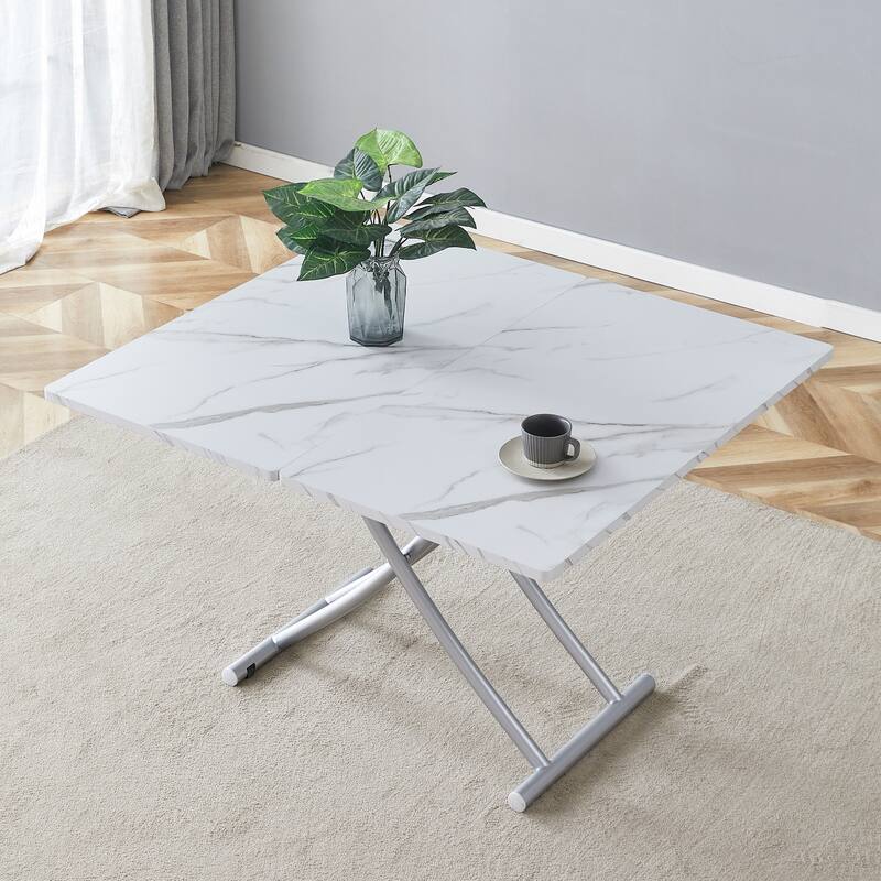 Roomfitters Lift Top Table with 0.8" MDF Surface and Silver Metal Legs, Modern Desk for Dining or Work Use, White+Silver
