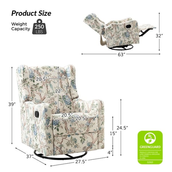 dimension image slide 0 of 7, Gastone Transitional Floral Fabric Nursery Recliner with Curved Arms by HULALA HOME(Set of 2)