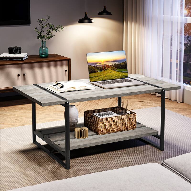 2-Tier Farmhouse 41'' Large Gray Wood Coffee Table