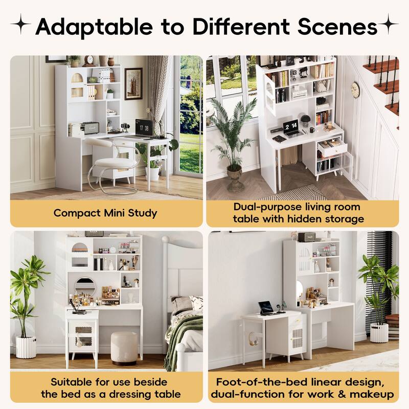 Computer Desk with 90 Rotating Side Table, Storage Drawer, Cabinets and Open Shelves for Home Office Study