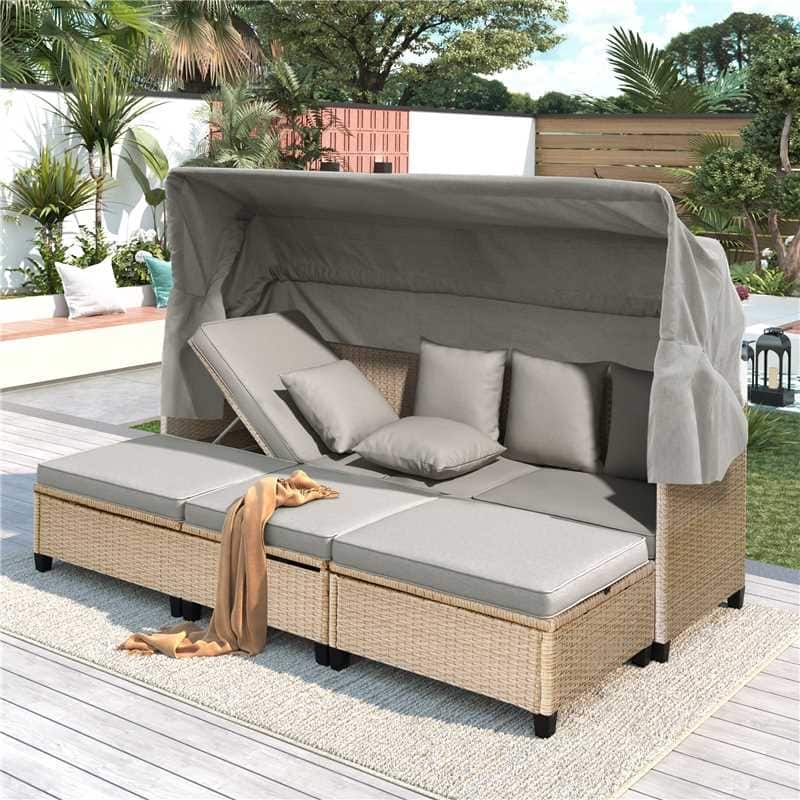 4-Piece UV-Proof Resin Wicker Patio Sofa Set with Retractable Canopy by Leisure Zone - Brown