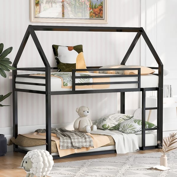 slide 2 of 11, Twin Over Twin Metal House Bunk Kids Bed Frame with Built-in Ladder, Slide, and Guardrails, Whimsical Playhouse Design, Black