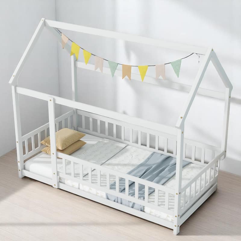 Twin / Full Size Wooden House Bed with Fence and Roof bed Frame, Montessori Style Floor Bed for Kids