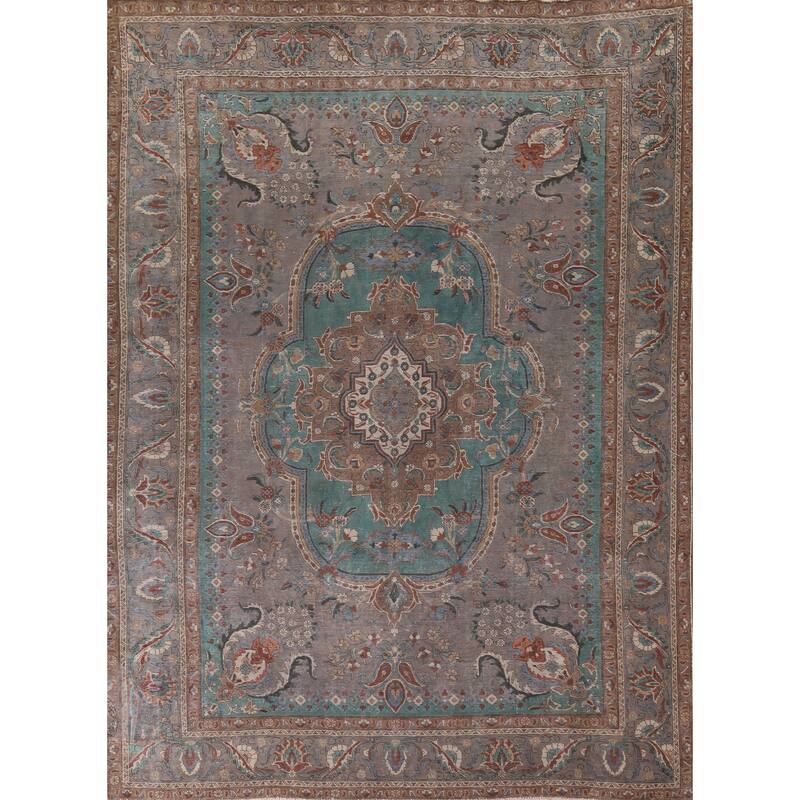 Gray Geometric Tabriz Persian Antique Area Rug Handmade Wool Carpet - 10'1" x 12'7"