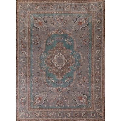 Gray Geometric Tabriz Persian Antique Area Rug Handmade Wool Carpet - 10'1" x 12'7"