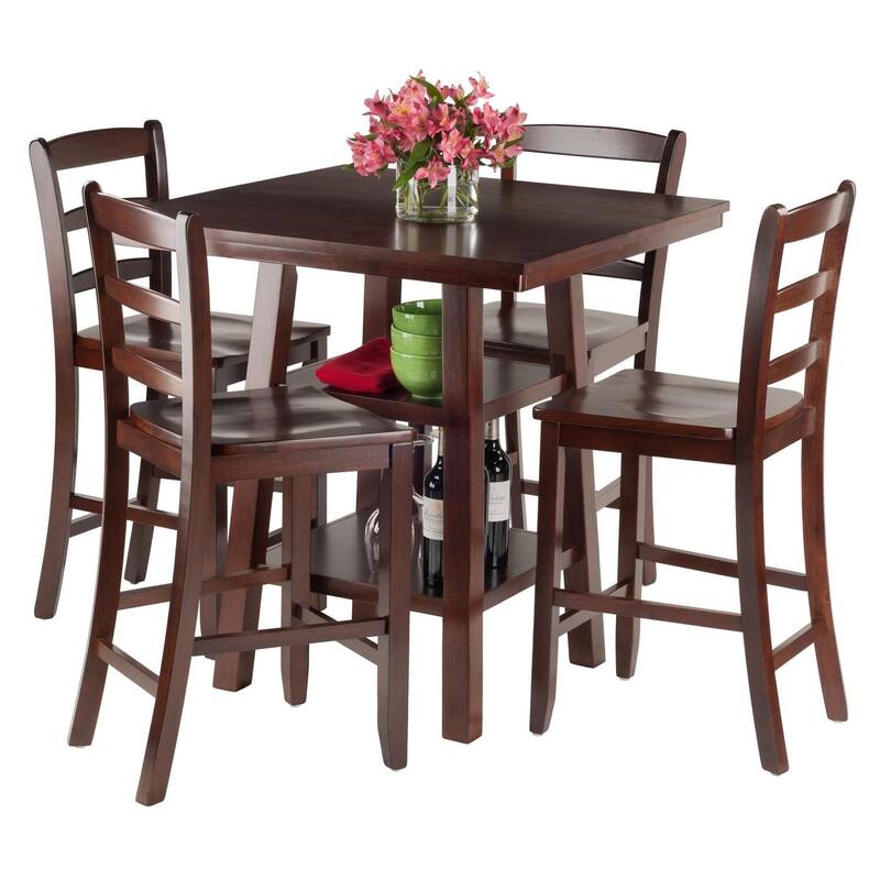 Coastal Craftsman 5-Piece High Table Set with Bar Stools - Walnut Finish Dining Set