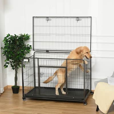 PawHut Heavy Duty Folding Design Metal Dog Crate & Kennel with Removable Tray & 4 Locking Wheels