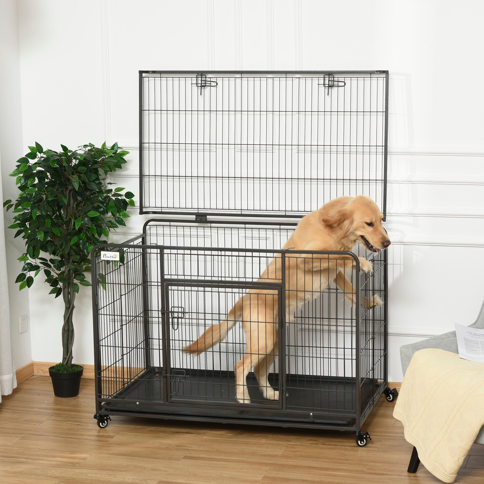 PawHut Heavy Duty Folding Design Metal Dog Crate Kennel with Removable Tray 4 Locking Wheels Bed Bath Beyond 32946664
