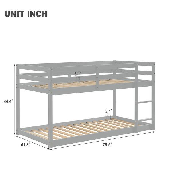 dimension image slide 1 of 4, Twin over Twin Floor Bunk Bed with Ladder, Solid Pinewood Low Bunkbeds Frame w/Safety Guardrails for Dorm, Bedroom, Guest Room