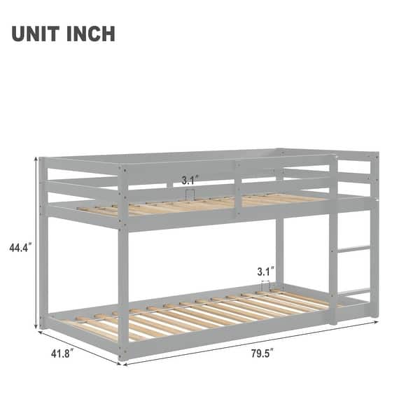 dimension image slide 1 of 4, Twin over Twin Floor Bunk Bed with Ladder & Guardrails, Wood Bedframe