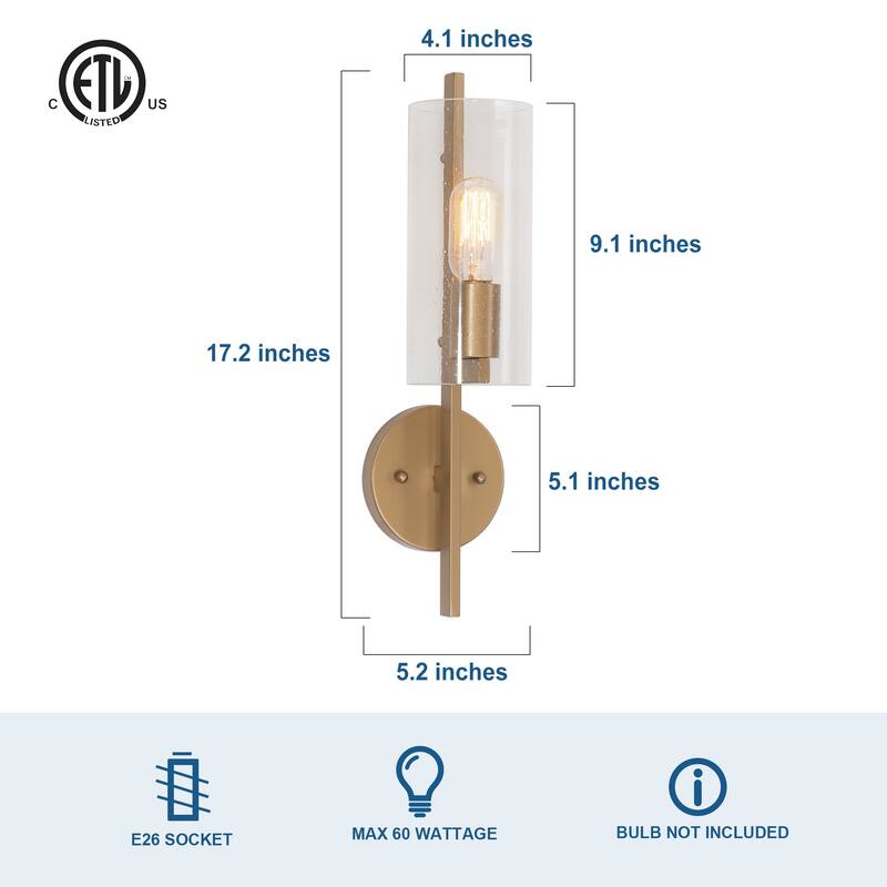 Modern 1-Light Gold Seeded Glass Cylinder Wall Sconces Dimmable Bathroom Vanity Lights