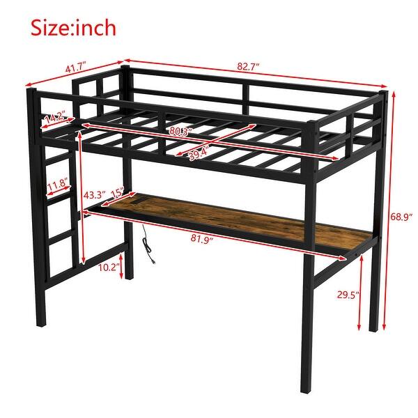 dimension image slide 1 of 2, Metal Loft Bed with Power Outlet and LED Lighted