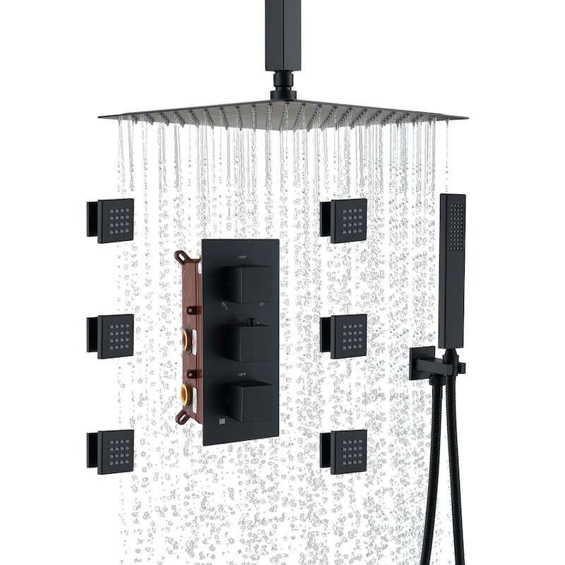 Thermostatic 3-Spray 12 in. Ceiling Mount Shower System with Handheld Shower Head and 6 Body Jets - 12" x 12" - Matte Black