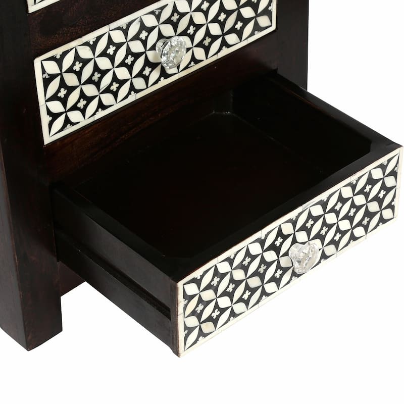 Boho Bone Inlay Nightstand - 3 Drawer Mango Wood, Handcrafted