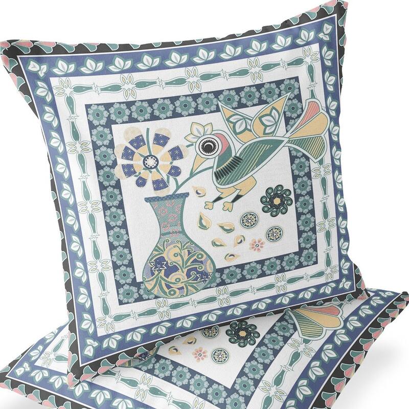HomeRoots Set of Two 16" X 16" Blue and White Peacock Blown Seam Floral Indoor Outdoor Throw Pillow - 16.00' X '16.00' X '5.00