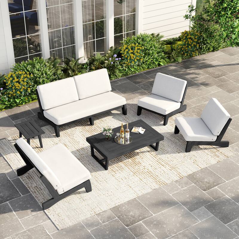 Casual Large Teak Outdoor Patio Conversation Set - Dark Wood - Beige-6 Piece