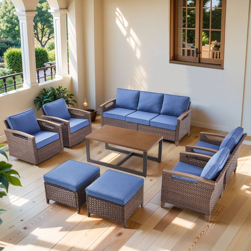 Pocassy Outdoor Brown Wicker Funitre with Cushion Set - Blue Cushion - Sofa with Chair Table Ottoman Set