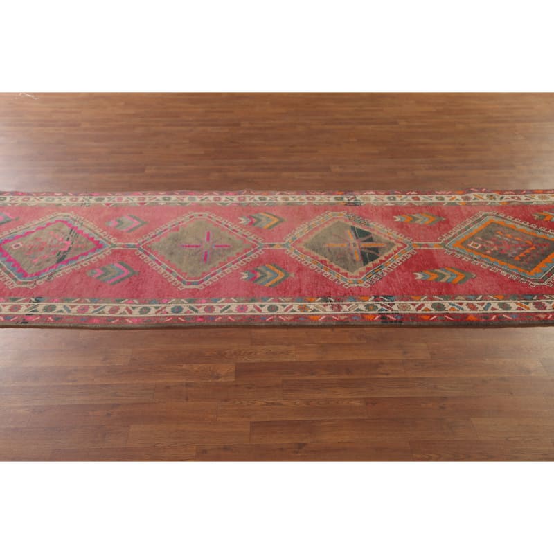 Pink Ardebil Persian Vintage Runner Rug Handmade Wool Carpet - 3'5"x 12'4"