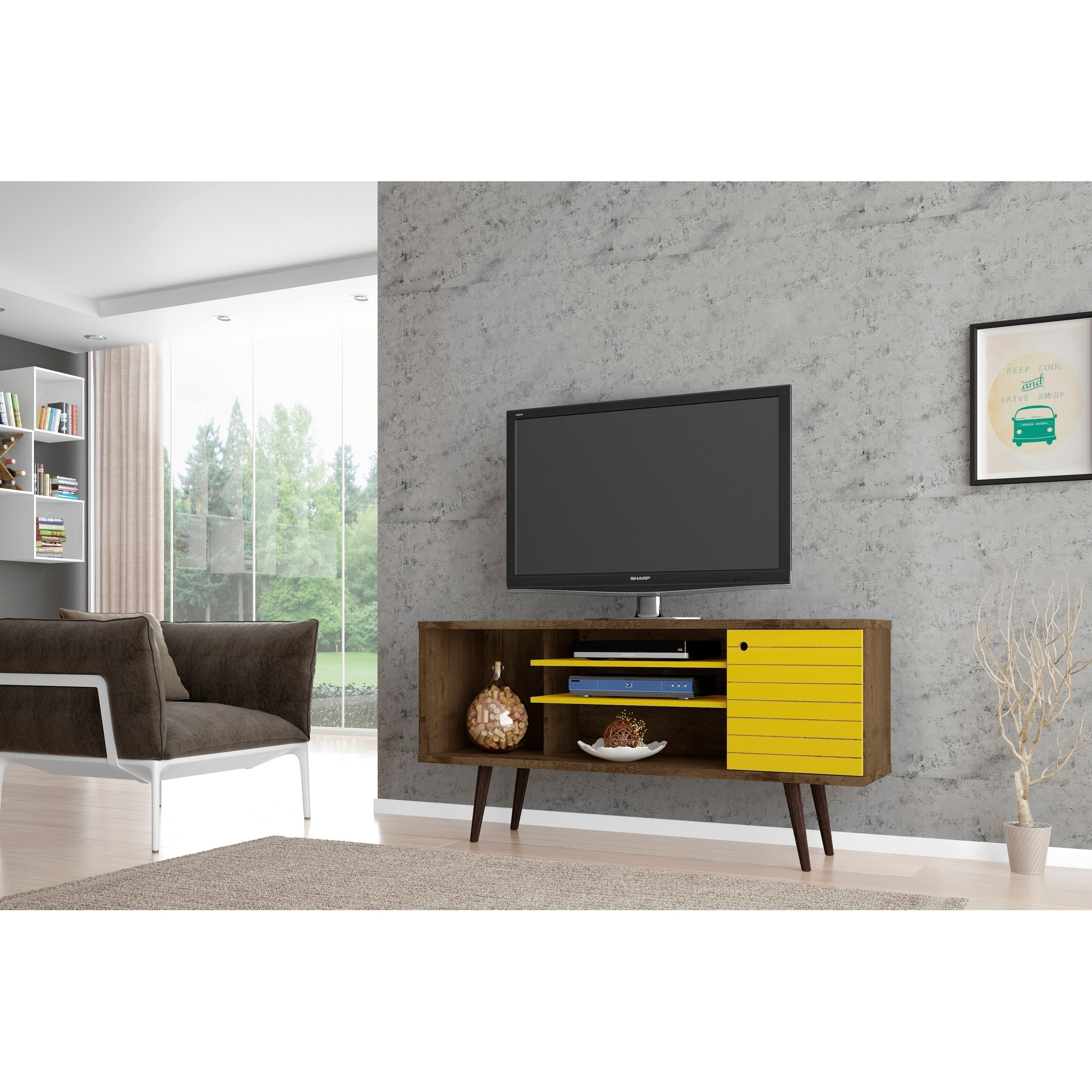 53 Inch TV Stand Rustic Brown Yellow Finish Media Storage