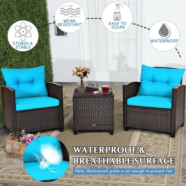 3 Pieces Rattan Patio Furniture Set with Washable Cushion - Chair: 26.5" x 26.5" x 30"