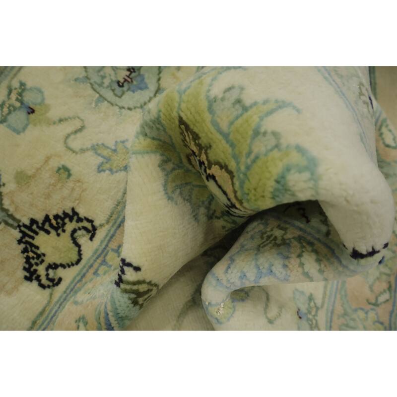 Hand Knotted Oriental Wool & Silk Carpet Traditional All-Over Beige & Ivories Tabriz Area Rug - 9' 10'' X 6' 4''