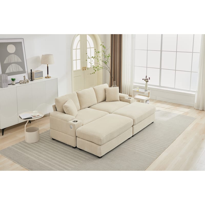 Modular Convertible Sectional Sofa with 2 Ottomans, 2 Seaters Corduroy Arms Couch, Loveseat Sofa with Cup Holders & USB Ports