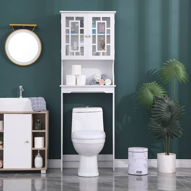 EROMMY Over-The-Toilet Storage, Wooden Bathroom Organizer, with 2 Glass Doors & Adjustable Shelf for Bathroom - White