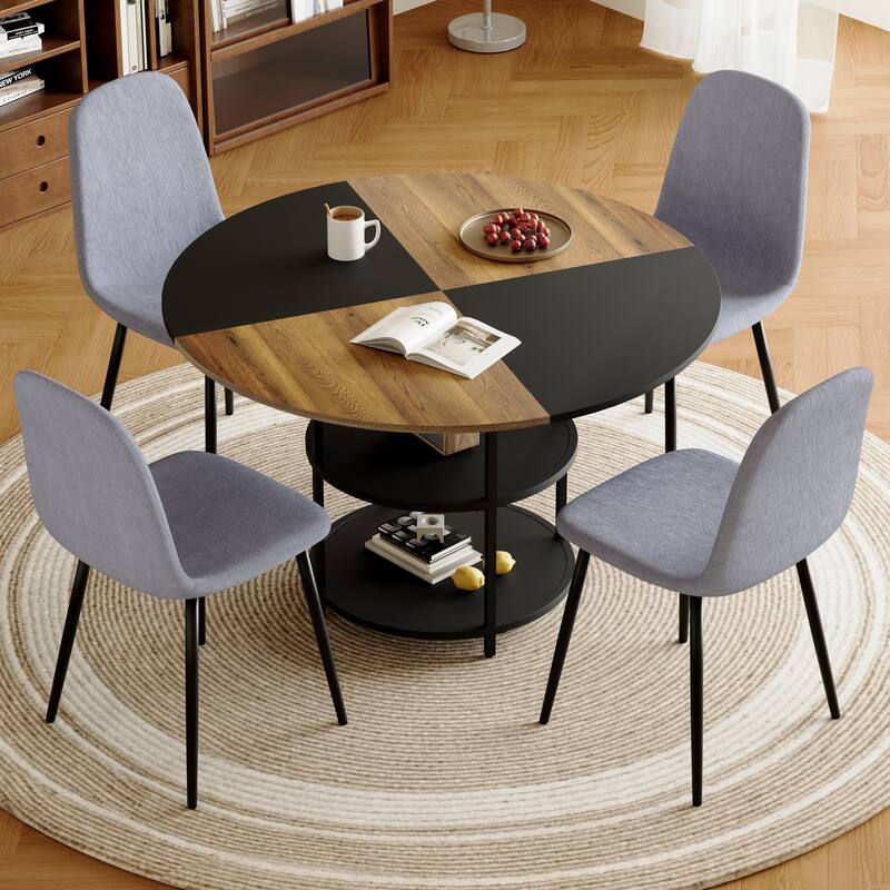 5-piece Natural and Black Spliced Round Dining Table Set with Double-Layer Storage Shelf, Anti-Slip Feet - Black,Light Gray,Wood