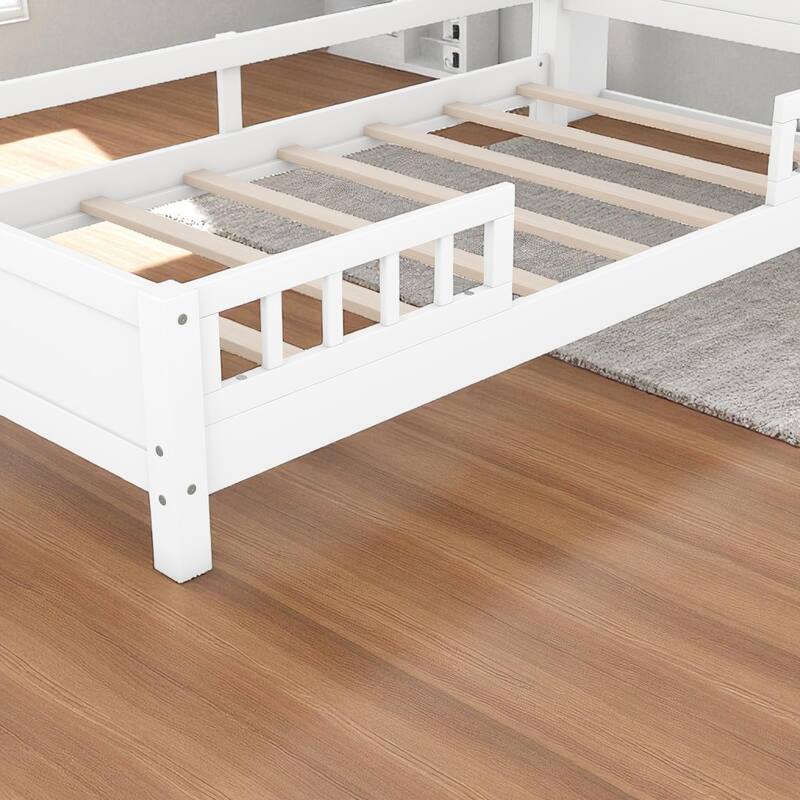 Twin/Full Size Wood Platform Bed with LED Light, Storage Headboard and Guardrail, No Box Spring Needed