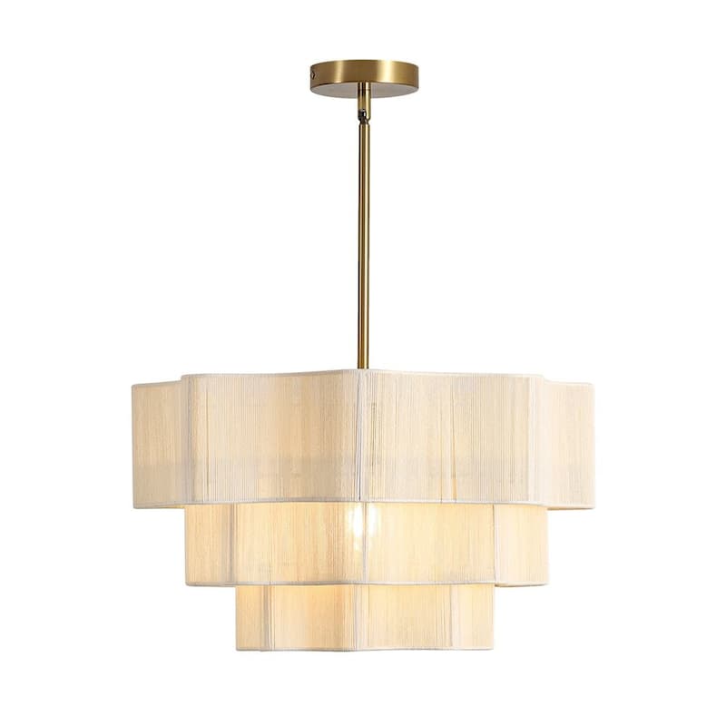 Woven Ivory String 3-Tier Round Lantern Chandelier 19.7in Brass
