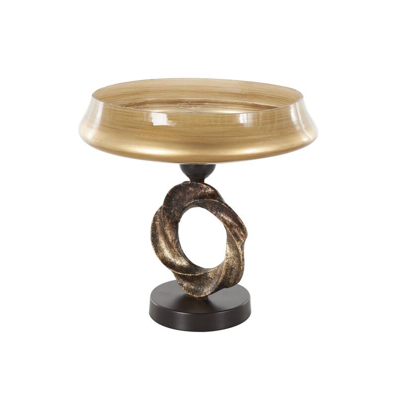 Brown Glass Wide Brushed Decorative Bowl with Textured Bronze and Black Ring Base