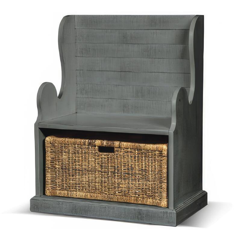 Eulie Hall Foyer Bench Seat w Rattan Basket, Rustic Blue Mahogany Wood
