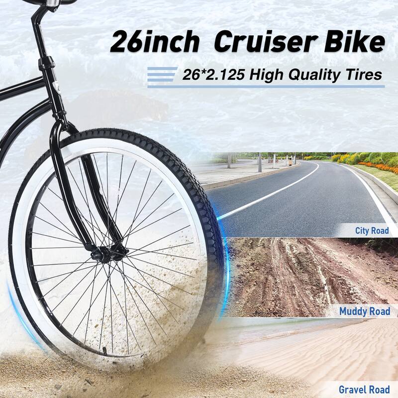 26 Inch Single Speed Cruiser Bike Front Wheels Replacement with Solid Air Rubber Tire and Inner Tube