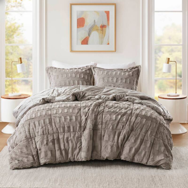 2 PCS Twin/Twin XL Solid Faux Fur Comforter Mini Set Gray