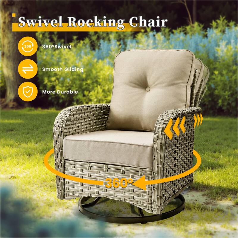 HOOOWOOO 8-piece Patio Wicker Rattan Swivel Rocking Chair Set with Solar-powered Table