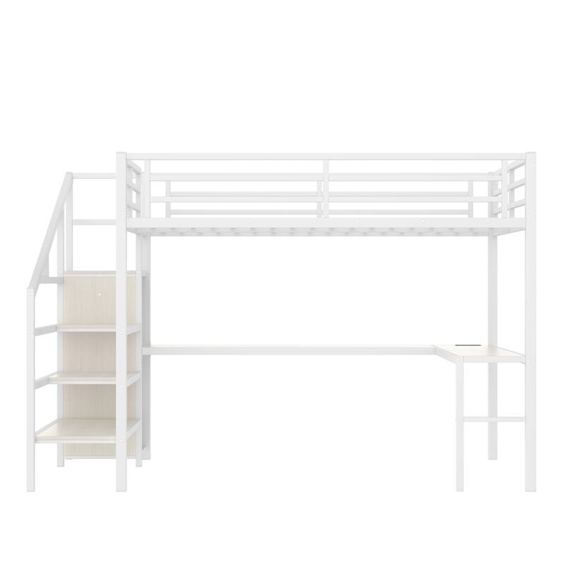 Roomfitters Queen Size Metal Loft Bed with L-Shaped Desk, USB Ports, LED Lighting & Adjustable Shelves