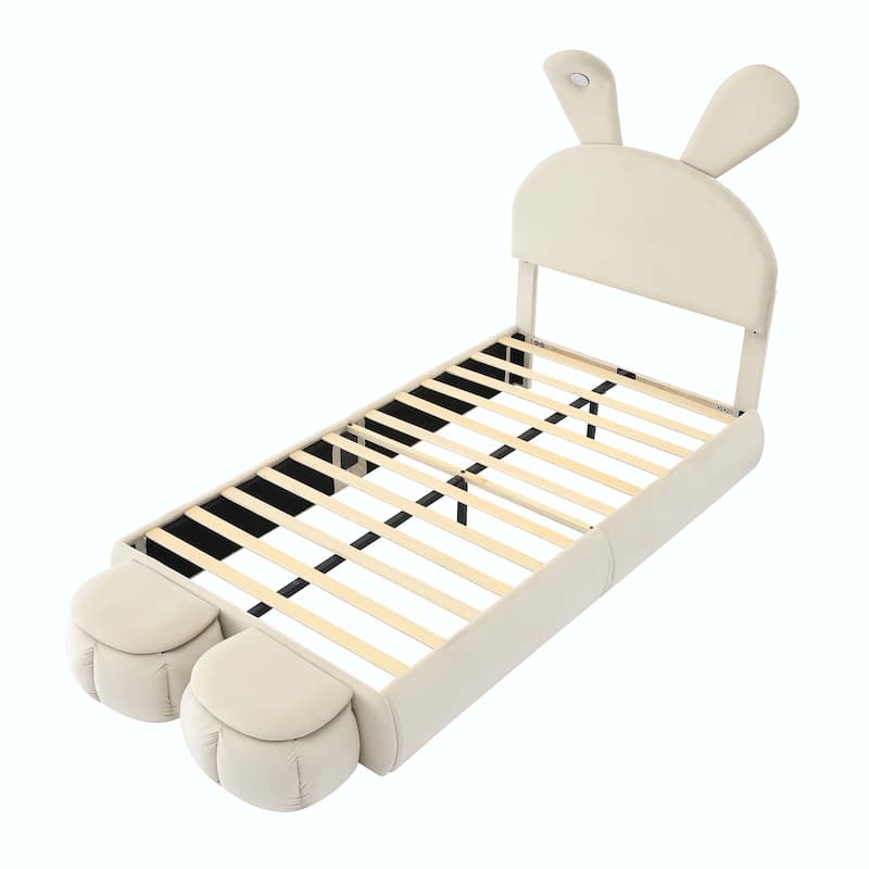Upholstered Platform Bed with Cartoon Ears Shaped Headboard and Light