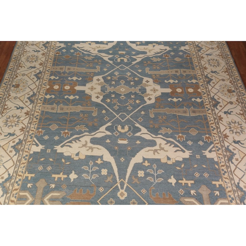 All-Over Blue & Ivory Oushak Indian Large Rug Hand-Knotted Wool Carpet - 13'1"x 20'7"