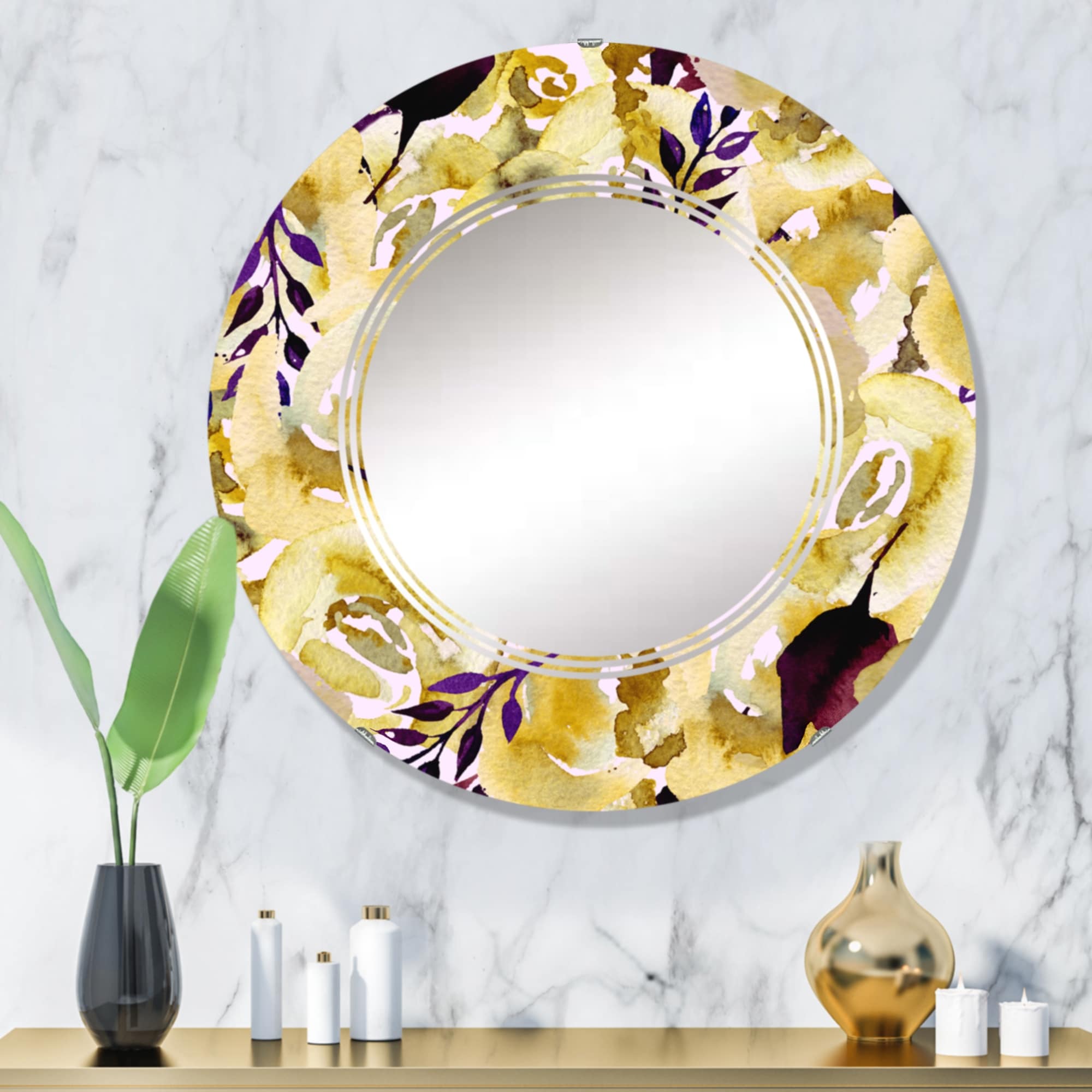 Designart 'Yellow And Purple Retro Pattern' Printed Patterned Wall Mirror