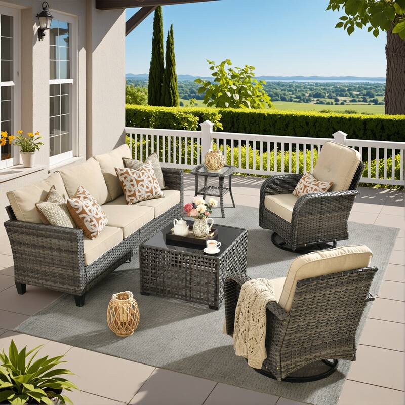 HOOOWOOO 5-piece Outdoor Swivel Chair Set Patio Conversation Set with Solar-powered Table - Beige